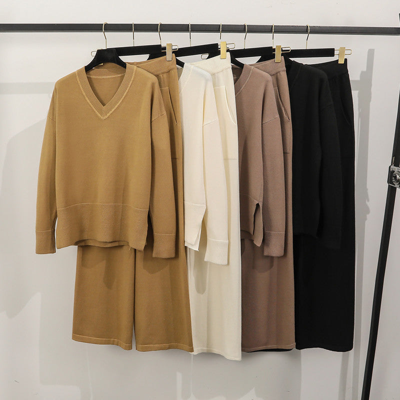Damen lässiges Strick-Loungewear-Set mit tiefem V-Ausschnitt und praktischen Taschen R&B
