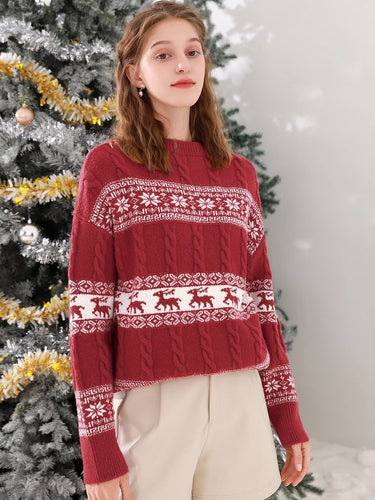 Damen gestrickter Rundhalspullover mit festlichem Muster R&B