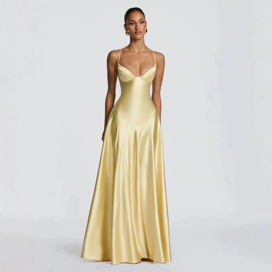 Damen elegantes Satin-Maxikleid mit raffinierten Spaghettiträgern R&B