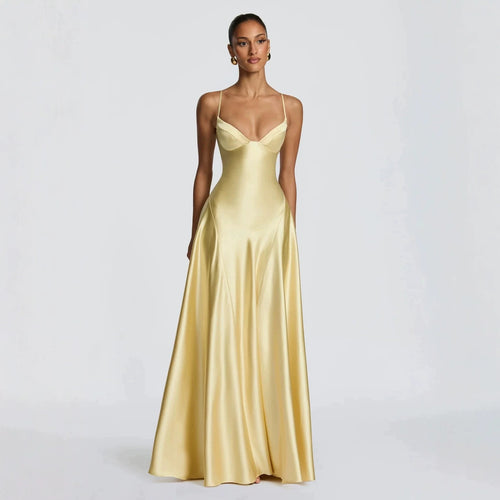Damen elegantes Satin-Maxikleid mit raffinierten Spaghettiträgern R&B