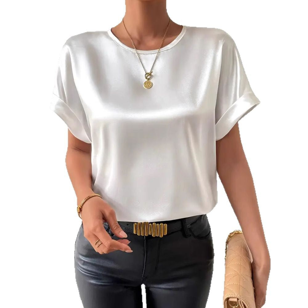 Damen Satin T-Shirt mit umgeschlagenen Ärmeln R&B