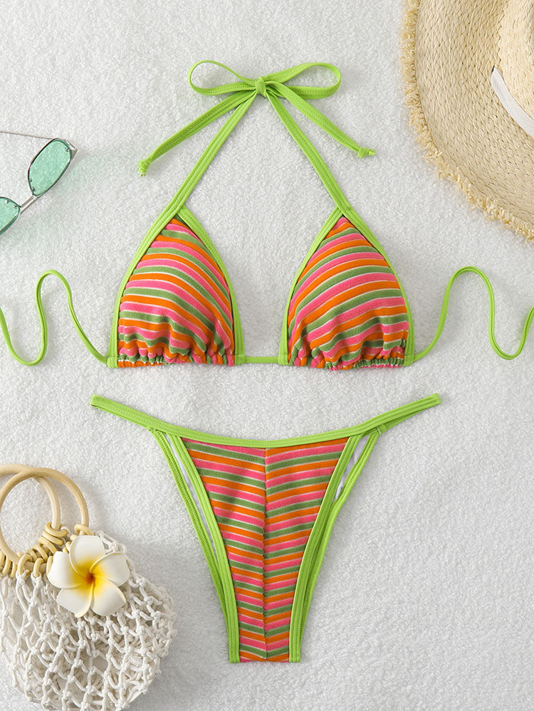 Damen Triangel-Bikini mit verstellbaren Bändern und fröhlichem Streifenmuster R&B