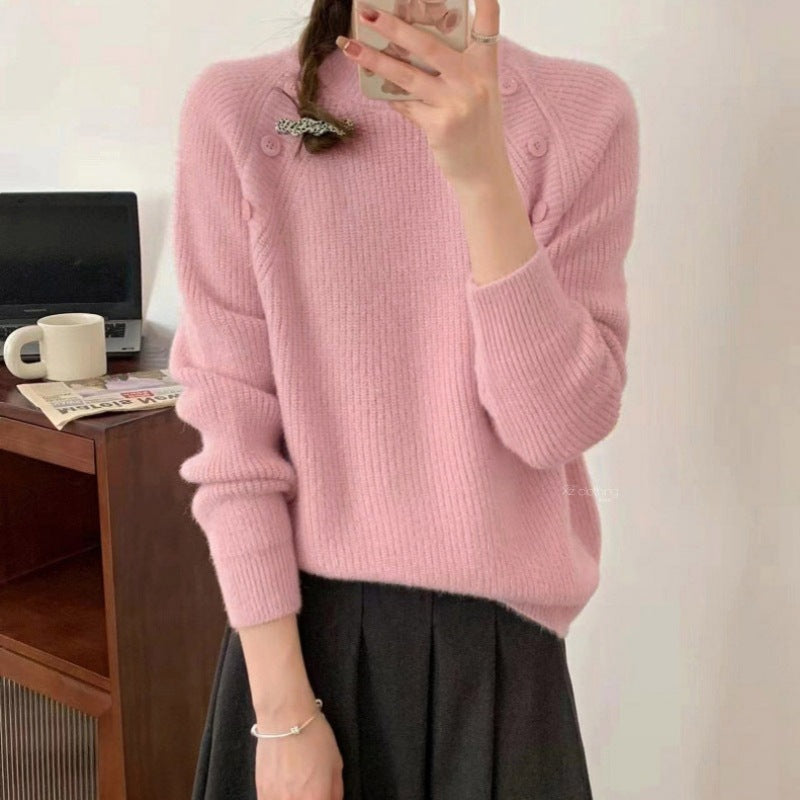 Damen Grobstrickpullover mit modernem Stehkragen und Knopfdetails R&B