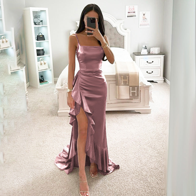 Damen elegantes Maxikleid mit seitlichem Schlitz und fließendem Rüschensaum R&B