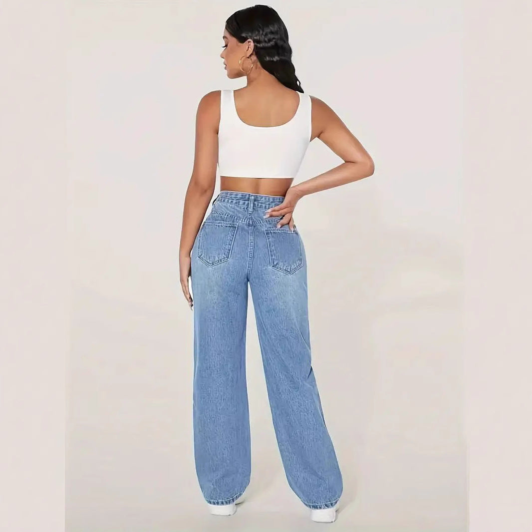 Damen Weite Denim-Hose mit trendigen Rissdetails und hohem Bund R&B