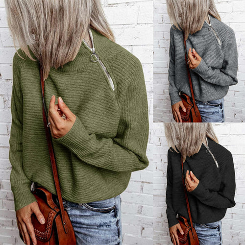 Damen lässiger Strickpullover mit hochgeschlossenem Kragen und dekorativen Nähten R&B