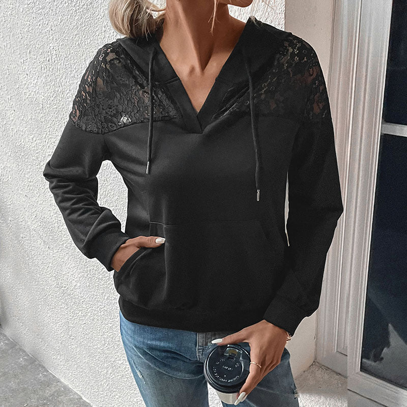 Damen Kapuzenpullover mit Spitzenbesatz und Kängurutasche R&B
