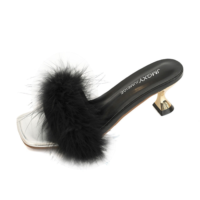 Damen Glamouröse Pantoletten mit Schmuckdetails und flauschiger Applikation EB