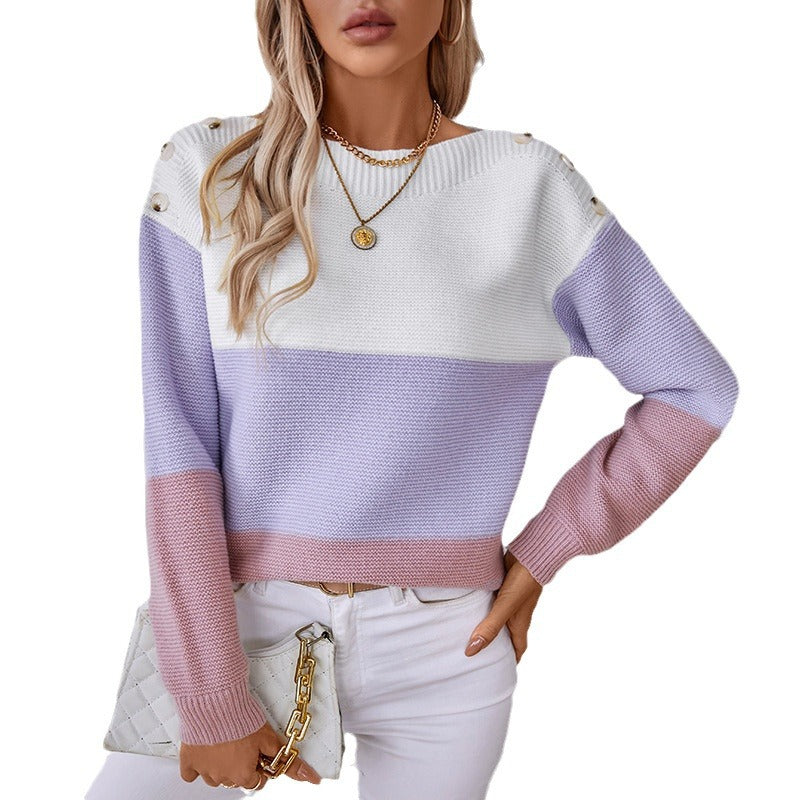 Damen modischer Strickpullover mit dekorativen Knopfdetails und Blockstreifen R&B