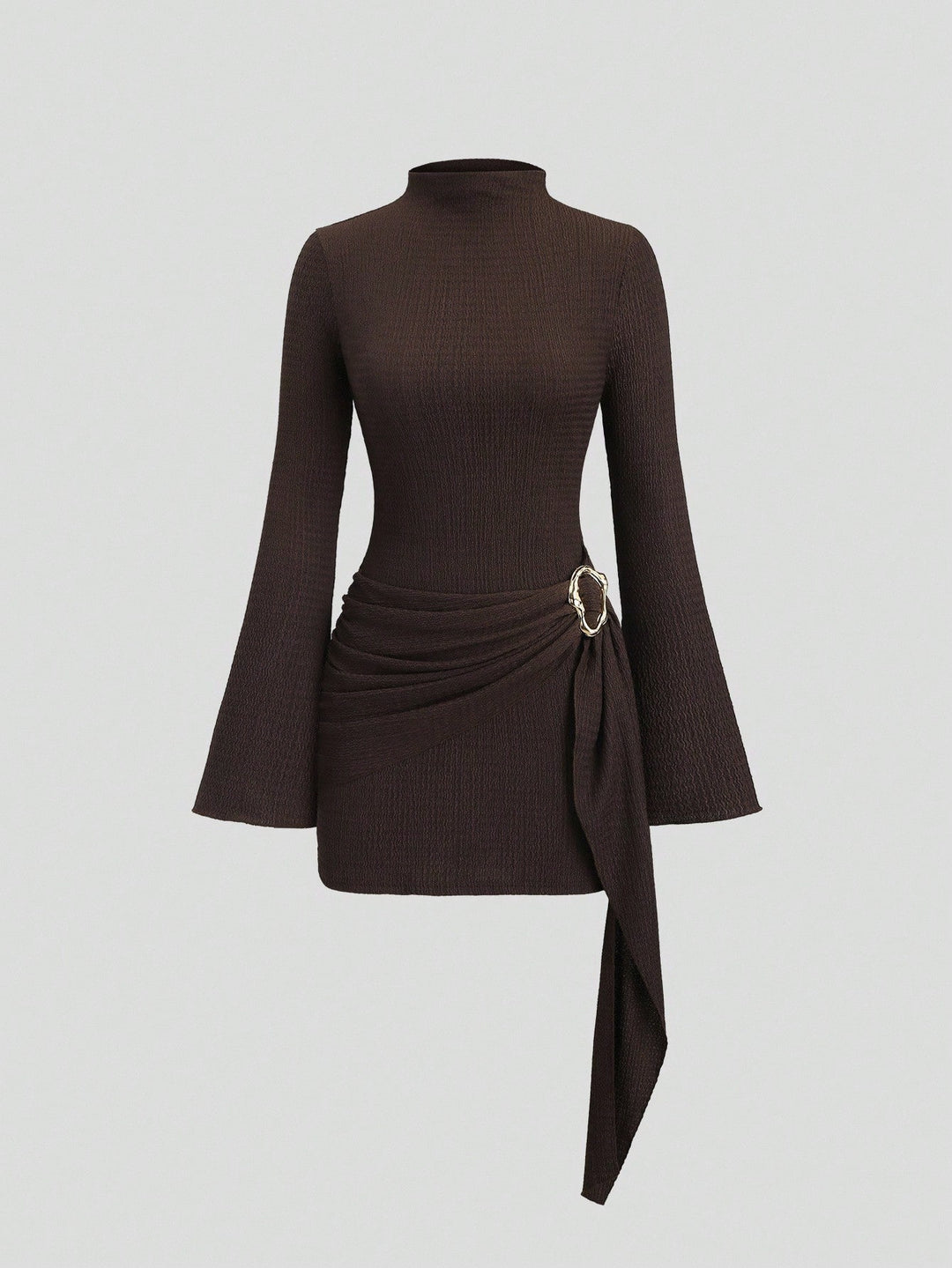 Damen nan figurbetontes Strick-Minikleid mit Stehkragen, Trompetenärmeln und seitlichem Drapé mit Zierring R&B