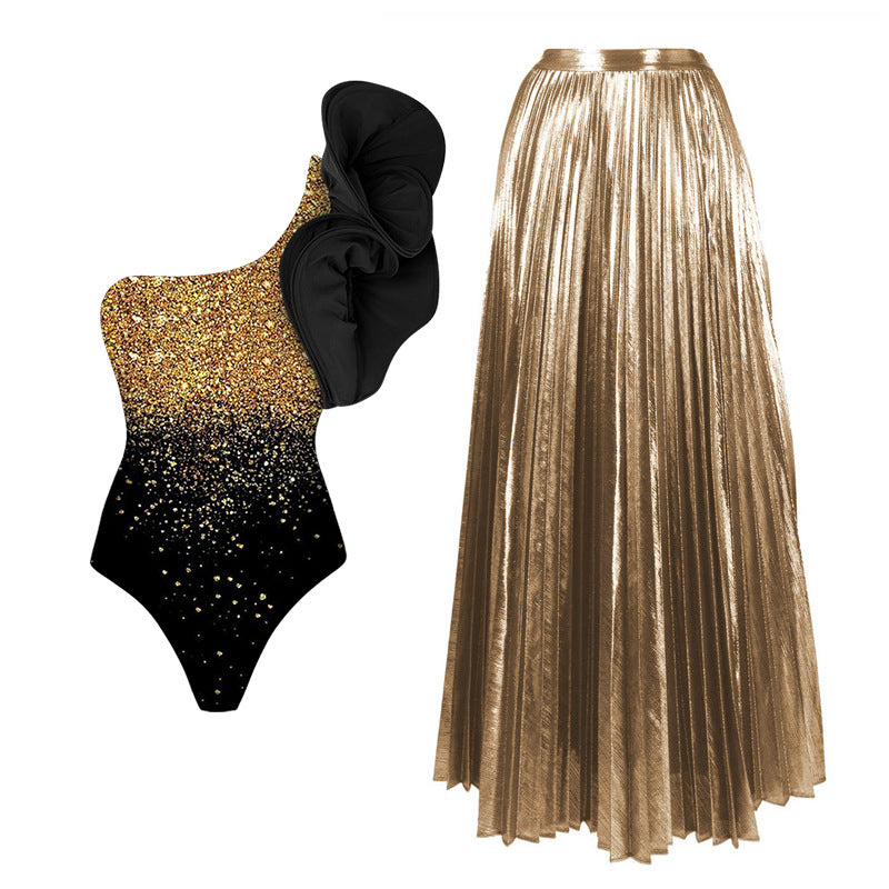Damen Eleganter Glitzernder Badeanzug mit Fliederrock R&B