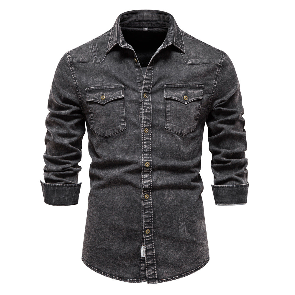 Herren Denim Hemdbluse mit zwei Brusttaschen und geschmackvollen Stickereien R&B