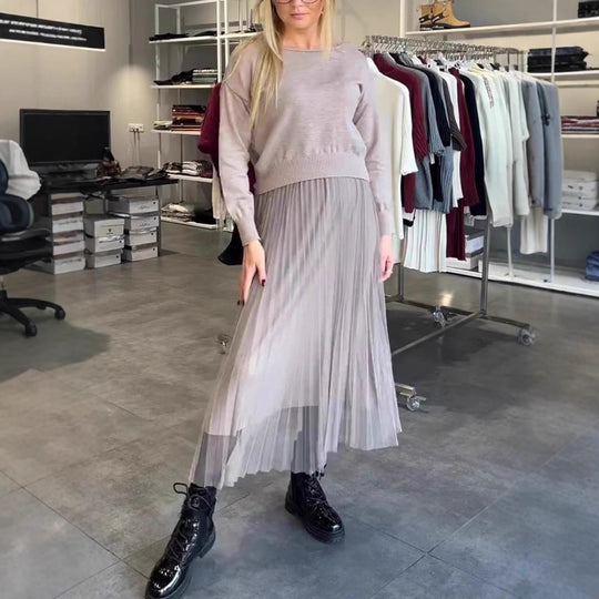 Damen Elegantes Faltenrock- und Pullover Set R&B