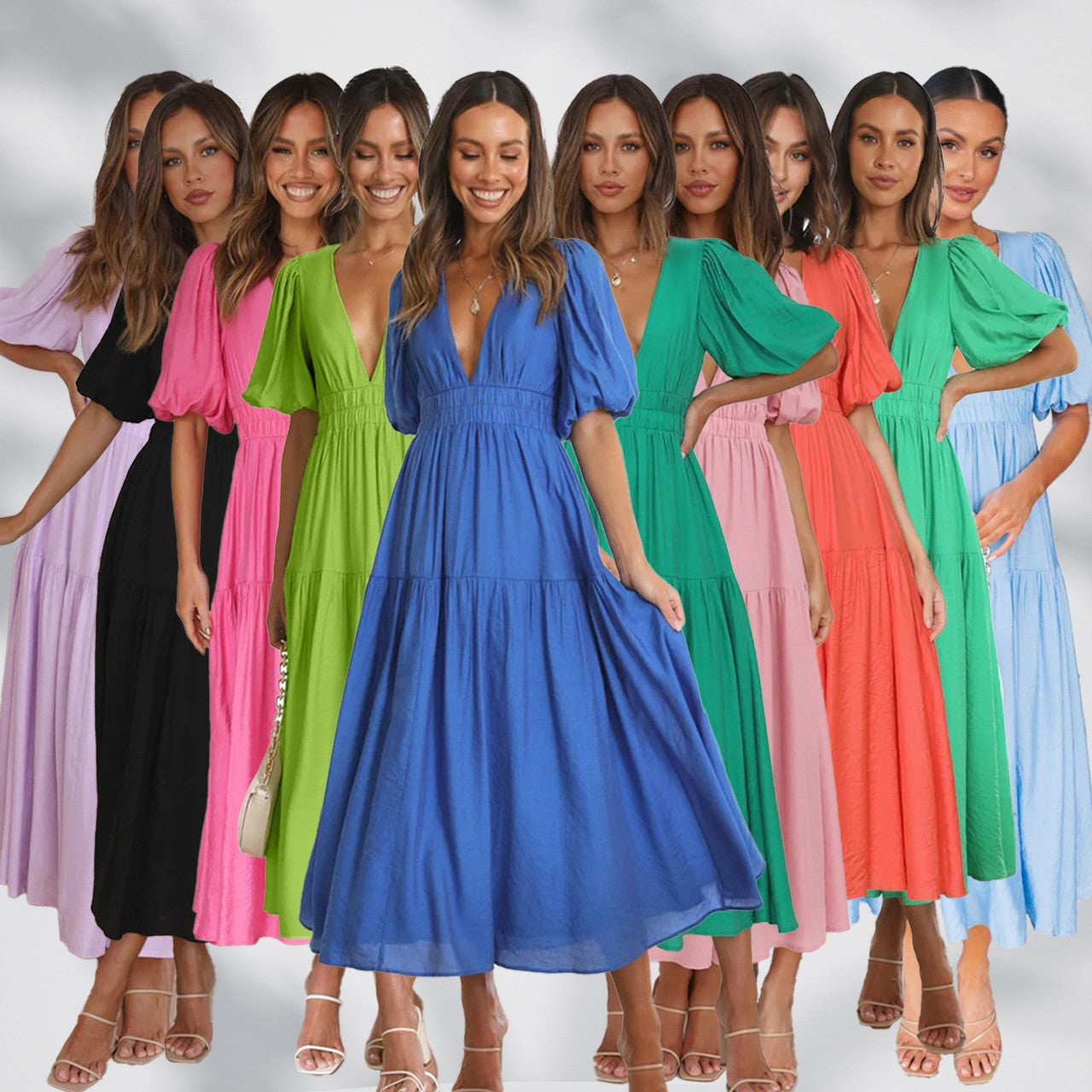 Damen Maxikleid mit weiten Puffärmeln und elastischem Taillenzug R&B