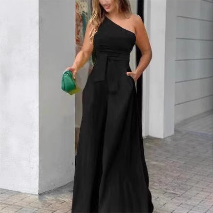 Damen eleganter Jumpsuit mit einseitigem Träger und fließendem Schnitt R&B