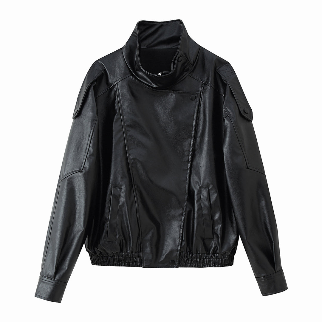 Damen Kunstlederjacke mit modischem Stehkragen und praktischen Taschen R&B