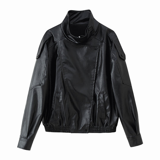 Damen Kunstlederjacke mit modischem Stehkragen und praktischen Taschen R&B