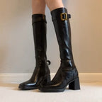 Damen Stiefel mit elegantem Blockabsatz und modischem Schnallenverschluss