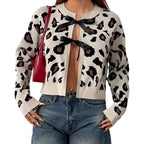 Damen Stilvolle Leopardenstrickjacke mit BindR&Bändern R&B