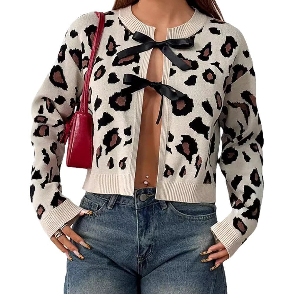 Damen Stilvolle Leopardenstrickjacke mit BindR&Bändern R&B