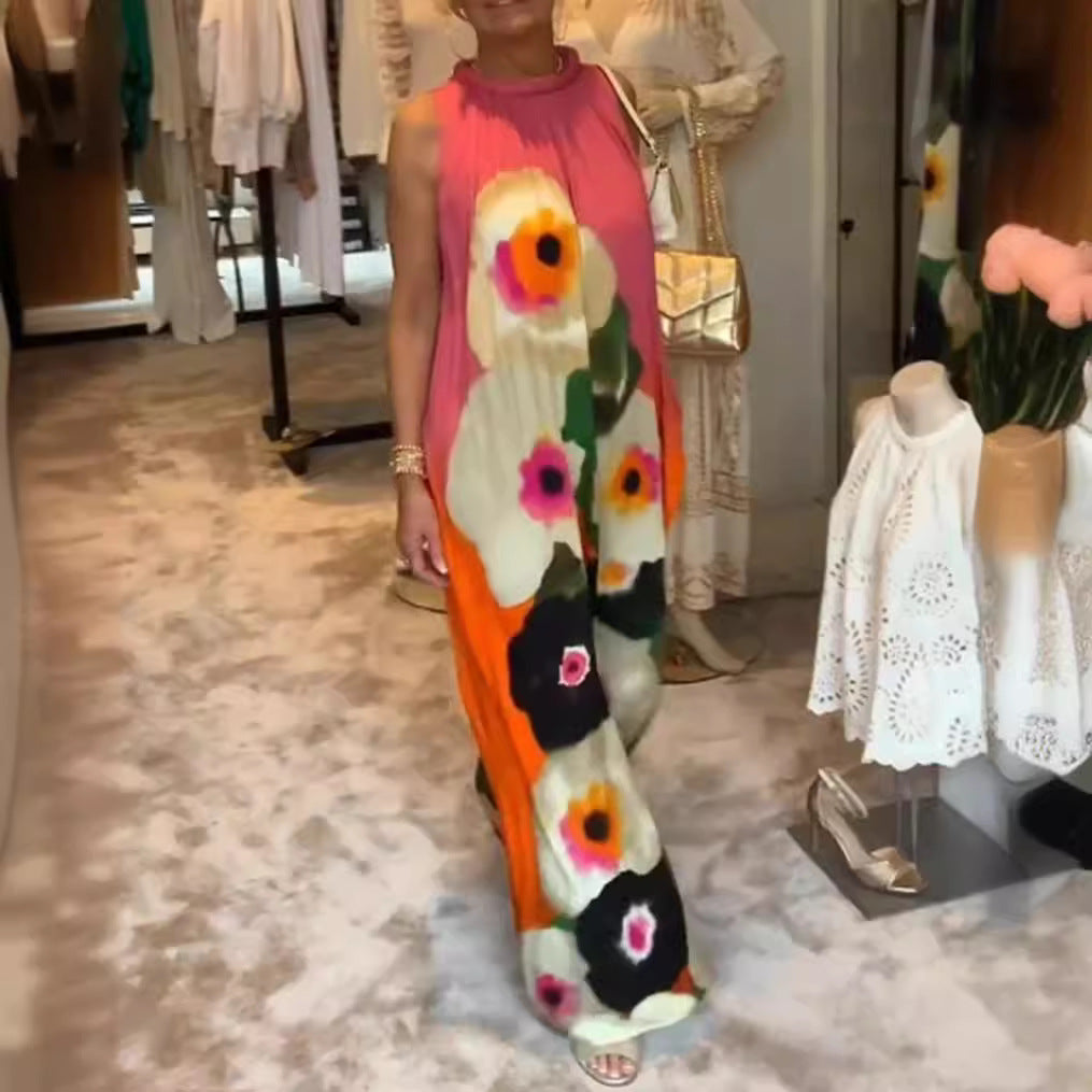 Damen nan ärmelloses Maxikleid mit gerafftem Stehkragen, weitem Palazzoschnitt und großfloralem Druck R&B