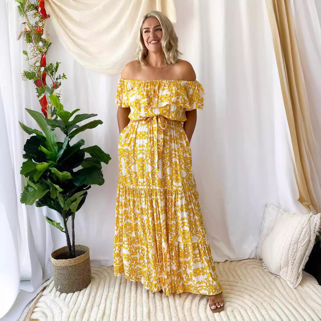 Damen Off-Shoulder Maxikleid mit voluminösem Rüschendesign und elastischem Taillenbund R&B