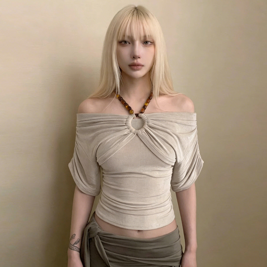 Damen Off-Shoulder Oberteil mit voluminösen Ärmeln und Dekorativem Knoten R&B