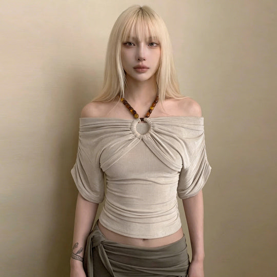 Damen Off-Shoulder Oberteil mit voluminösen Ärmeln und Dekorativem Knoten R&B