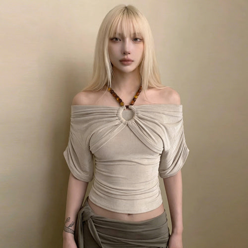 Damen Off-Shoulder Oberteil mit voluminösen Ärmeln und Dekorativem Knoten R&B