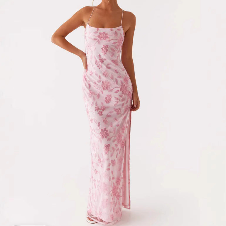 Damen Couture Maxikleid mit floralem Smock-Design und verführerischem Rücken R&B