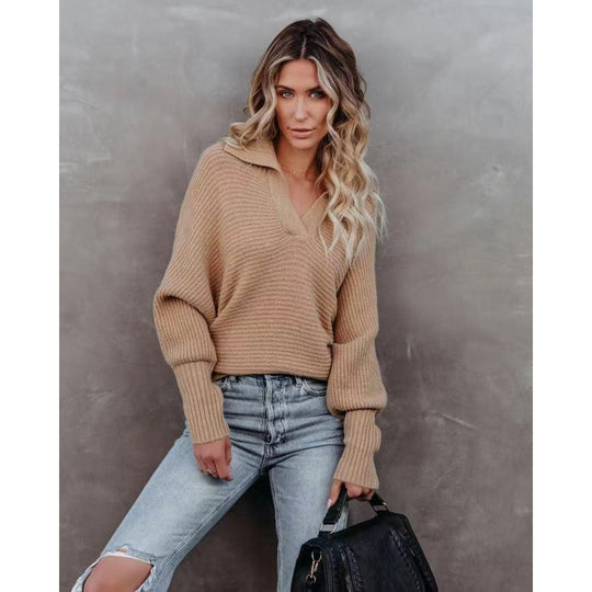 Damen modischer Pullover mit weitem Kragen und Rippstruktur R&B