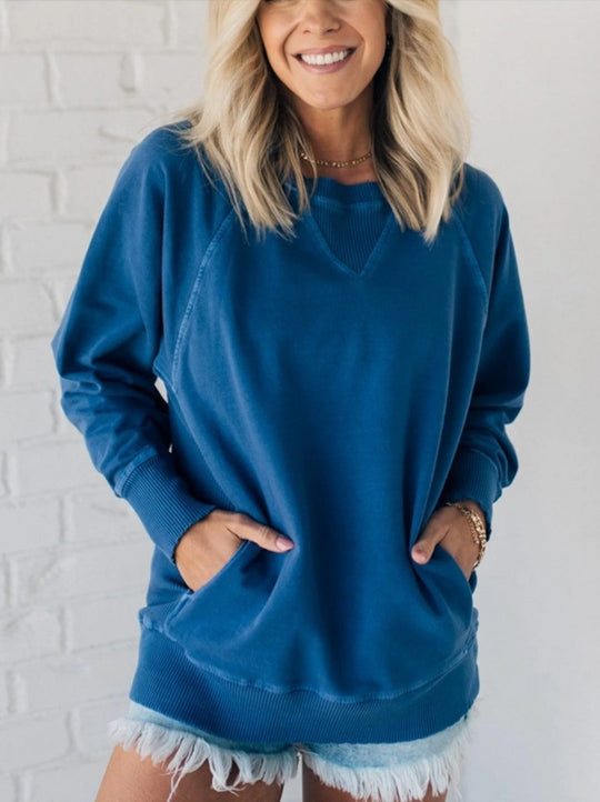 Damen lässiger V-Ausschnitt Sweatshirt mit Raglanärmeln und seitlichen Taschen R&B