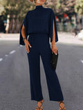 Damen Eleganter Jumpsuit mit fließendem Cape-Design und hochgeschlossenem Ausschnitt R&B