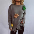 Damen lässiger Oversize-Pullover mit fransigen Details und bunten Applikationen R&B