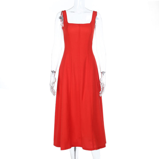 Damen elegantes Maxikleid mit quadratischem Ausschnitt und fließendem Rock R&B