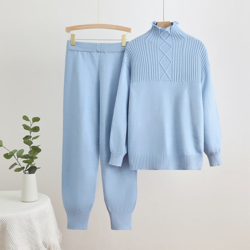 Damen gemütliches Strick-Loungewear-Set mit hohem Kragen und Rippstruktur R&B
