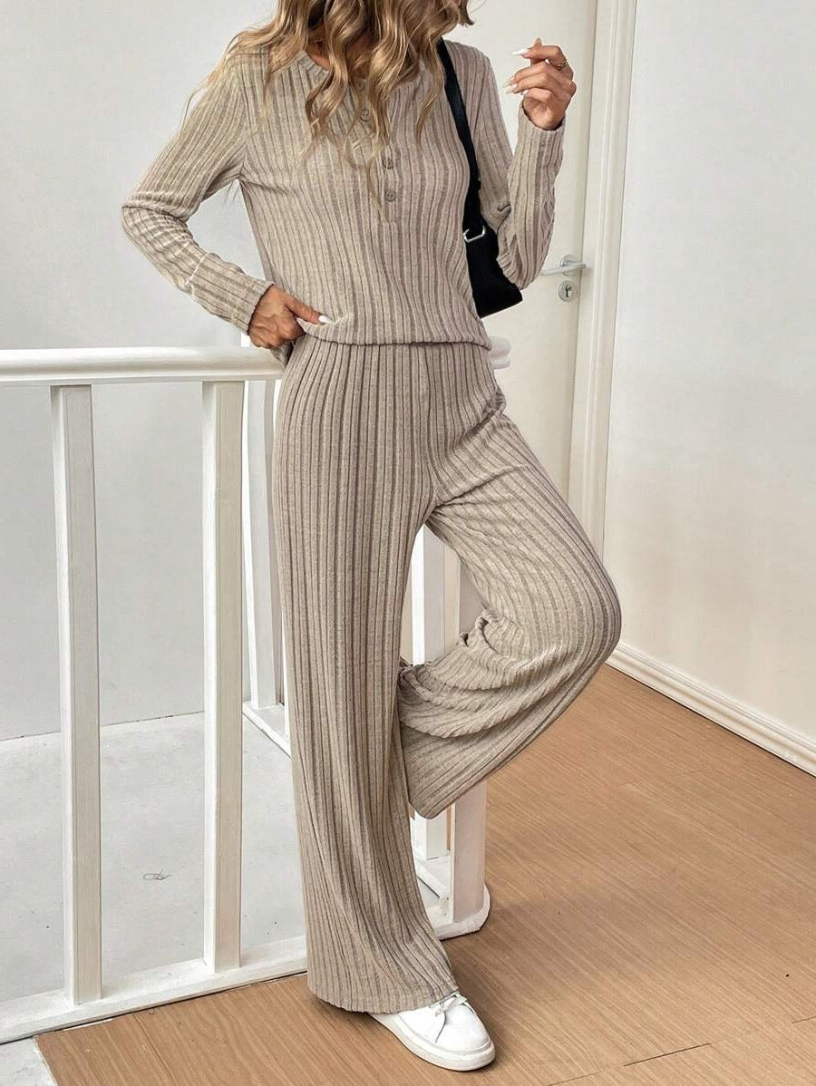 Damen Lässiges Lounge-Set mit strukturiertem Rippenmuster und Knopfdetail R&B