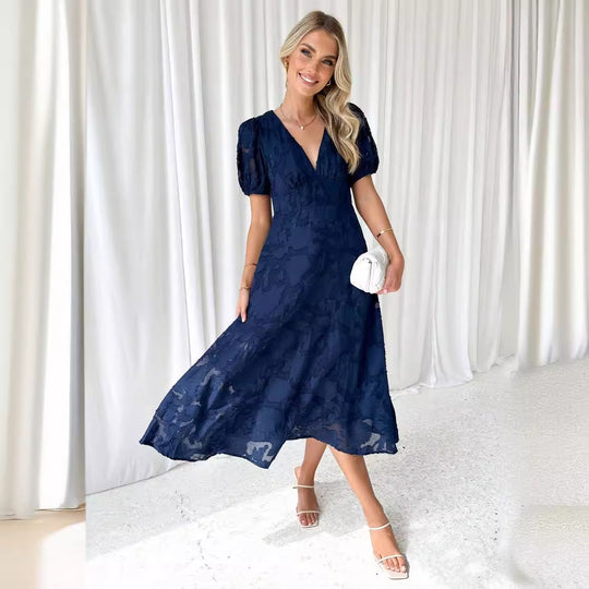 Damen Maxikleid mit floralen Akzenten und voluminösen Puffärmeln R&B