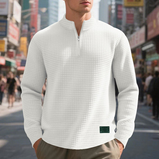 Herren nan leichter Waffelstrick-Pullover mit kurzem Kragenreißverschluss und gerundetem Saum R&B