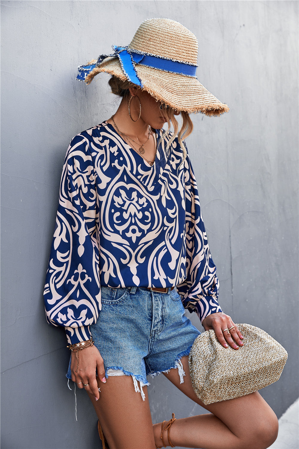 Damen Bluse mit elegantem Barockmuster und lässigen Puffärmeln R&B