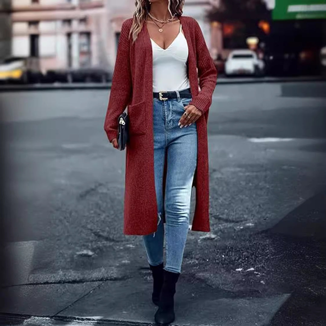 Damen Langer Strickmantel mit strukturiertem Design und praktischen Taschen R&B