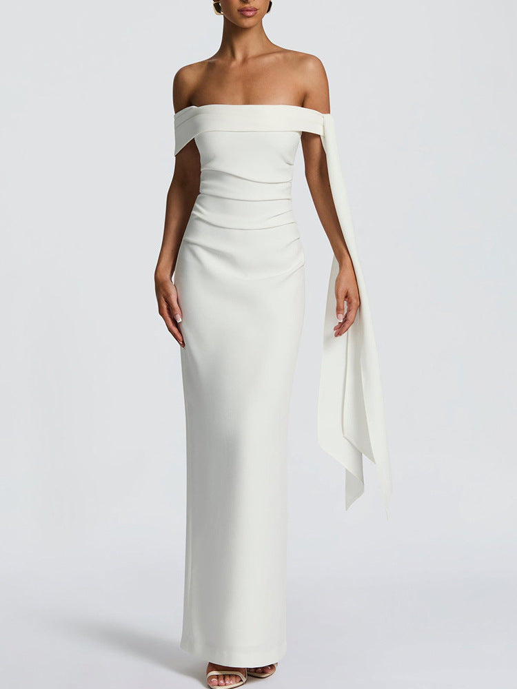 Damen Elegantes Maxikleid mit schulterfreiem Design und raffiniertem Drapierungselement R&B
