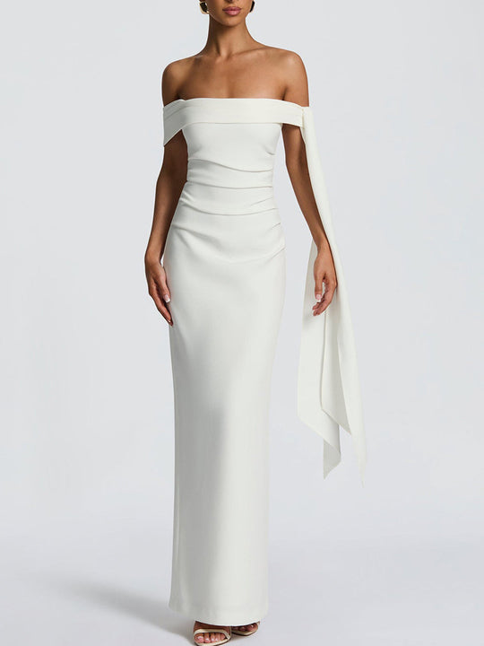 Damen Elegantes Maxikleid mit schulterfreiem Design und raffiniertem Drapierungselement R&B