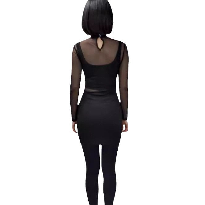 Damen elegantes Minikleid mit transparenten Ärmeln und Strassverzierungen R&B