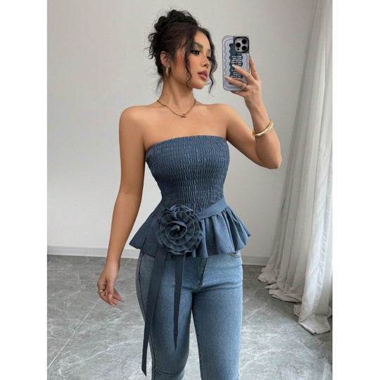 Damen Bustieroberteil mit Rüschen und dekorativem Blumenapplikation R&B