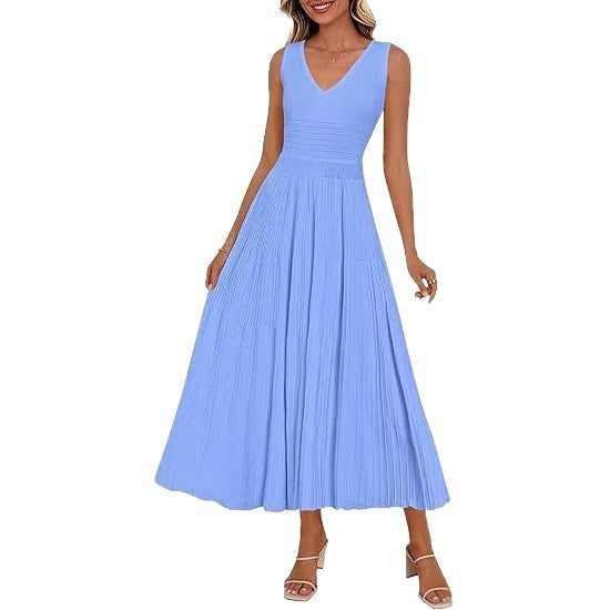 Damen Plisseekleid mit V-Ausschnitt und weitem Saum R&B
