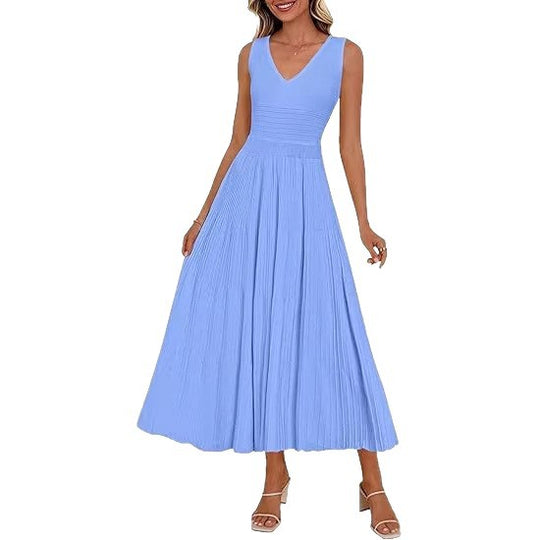 Damen Plisseekleid mit V-Ausschnitt und weitem Saum R&B