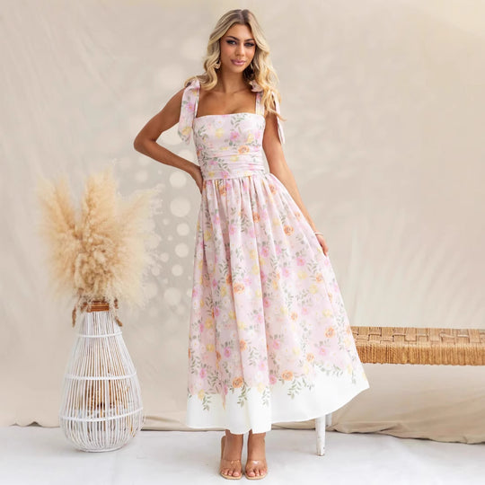 Damen Maxikleid mit verspielten Trägern und floralem Druck R&B