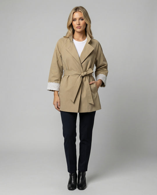 Damen Mode online taillierter Trenchcoat mit Stehkragen und Spitzenmanschetten R&B