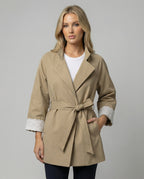 Damen Mode online taillierter Trenchcoat mit Stehkragen und Spitzenmanschetten R&B